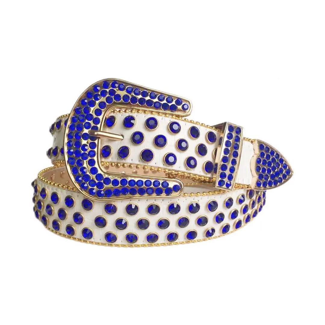 Blue Rhinestones with White Texture Strap Rhinestone Belt-Belts-The Rhinestone Belts