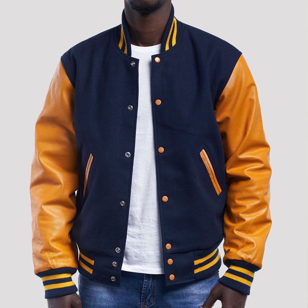 Royal Wool Body & Bright Gold Leather Sleeves Varsity Jacket