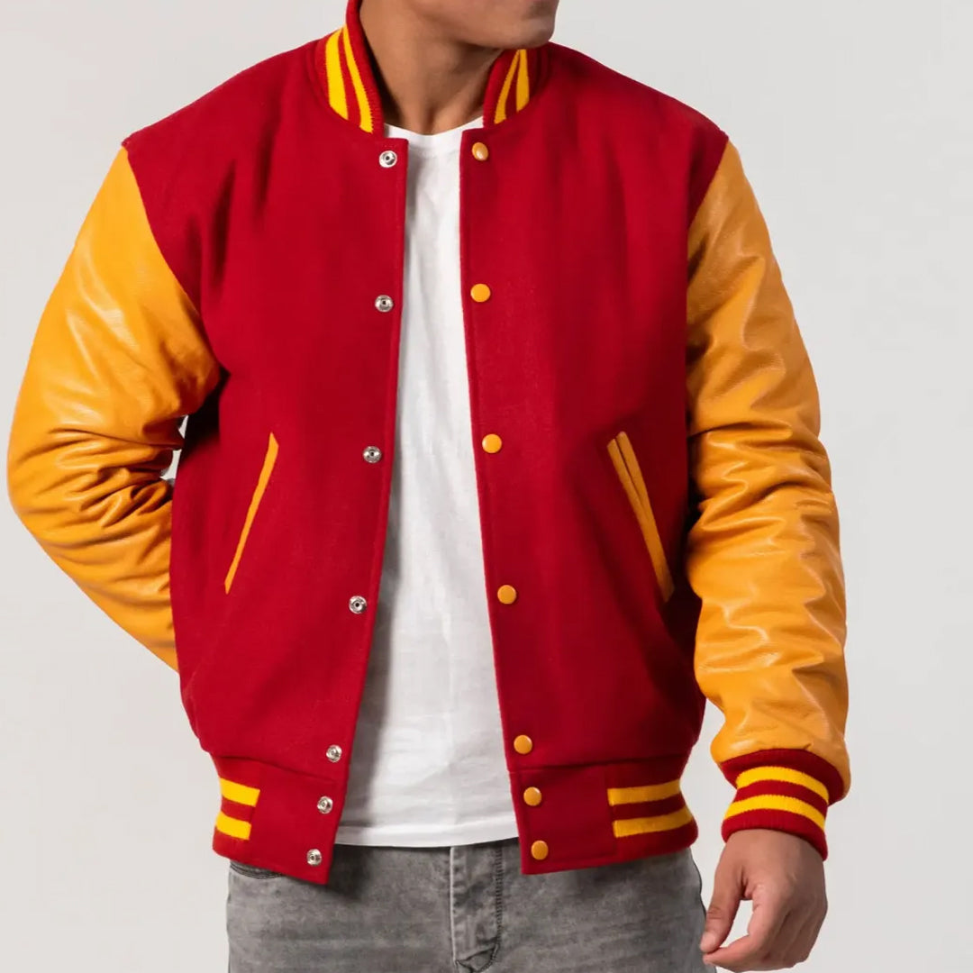 Scarlet Body & Bright Gold Leather Sleeves Varsity Jacket