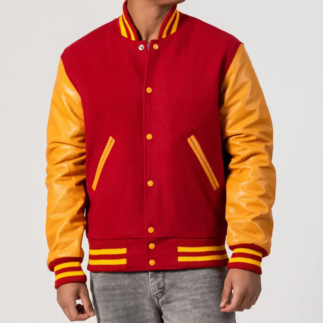 Scarlet Body & Bright Gold Leather Sleeves Varsity Jacket