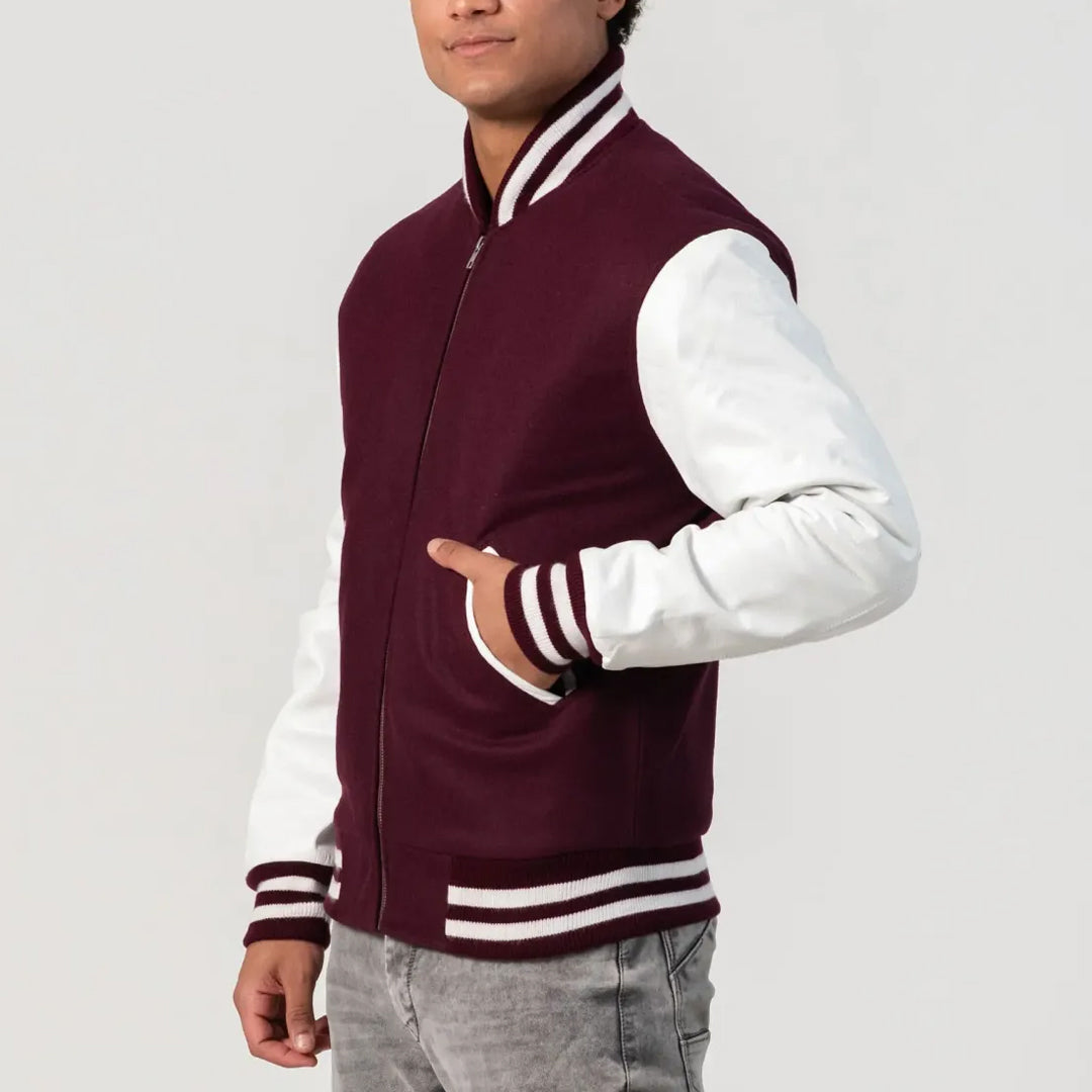 Maroon Wool Body & White Leather Sleeves Zipper Varsity Jacket