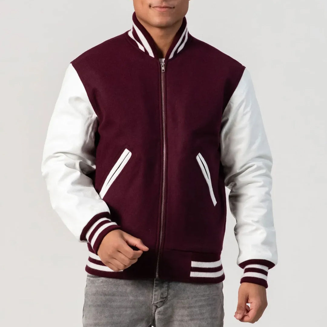 Maroon Wool Body & White Leather Sleeves Zipper Varsity Jacket