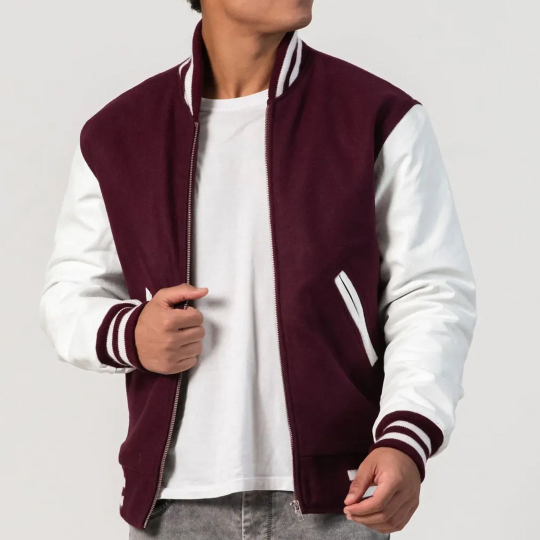 Maroon Wool Body & White Leather Sleeves Zipper Varsity Jacket