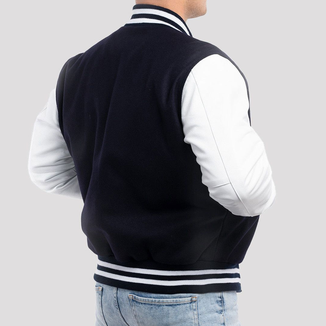 Navy Blue Wool Body & Bright White Leather Sleeves Varsity Jacket