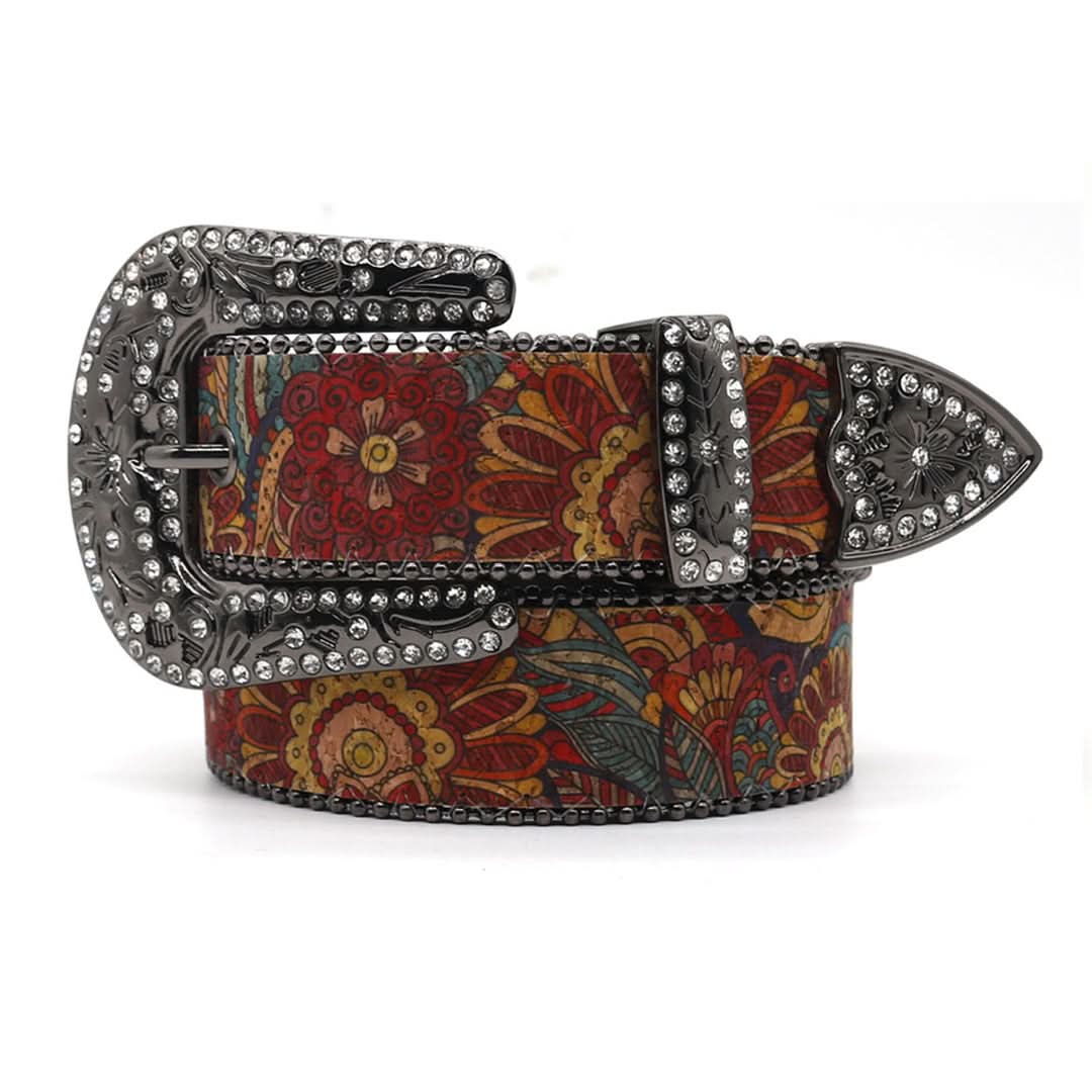 Flower Art Engraved Buckle with White Strap Rhinestone Belt-Belts-The Rhinestone Belts