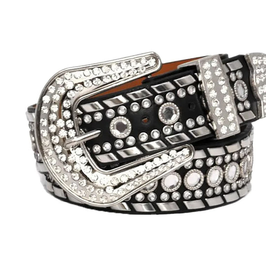 Diamond Rhinestones and Silver Studs with Black Strap Rhinestone Belt-Belts-The Rhinestone Belts