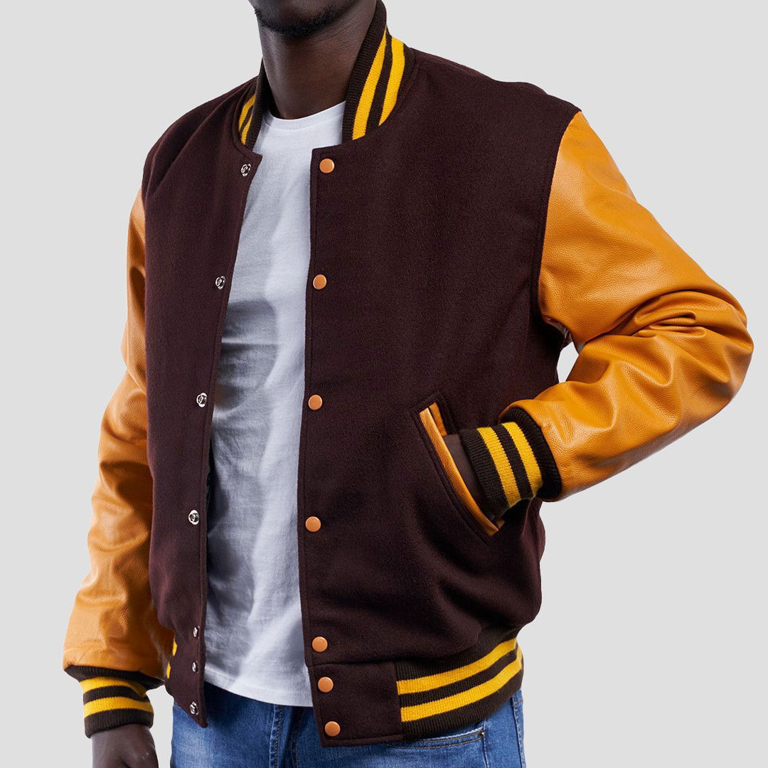 Brown Wool Body & Bright Gold Leather Sleeves Varsity Jacket