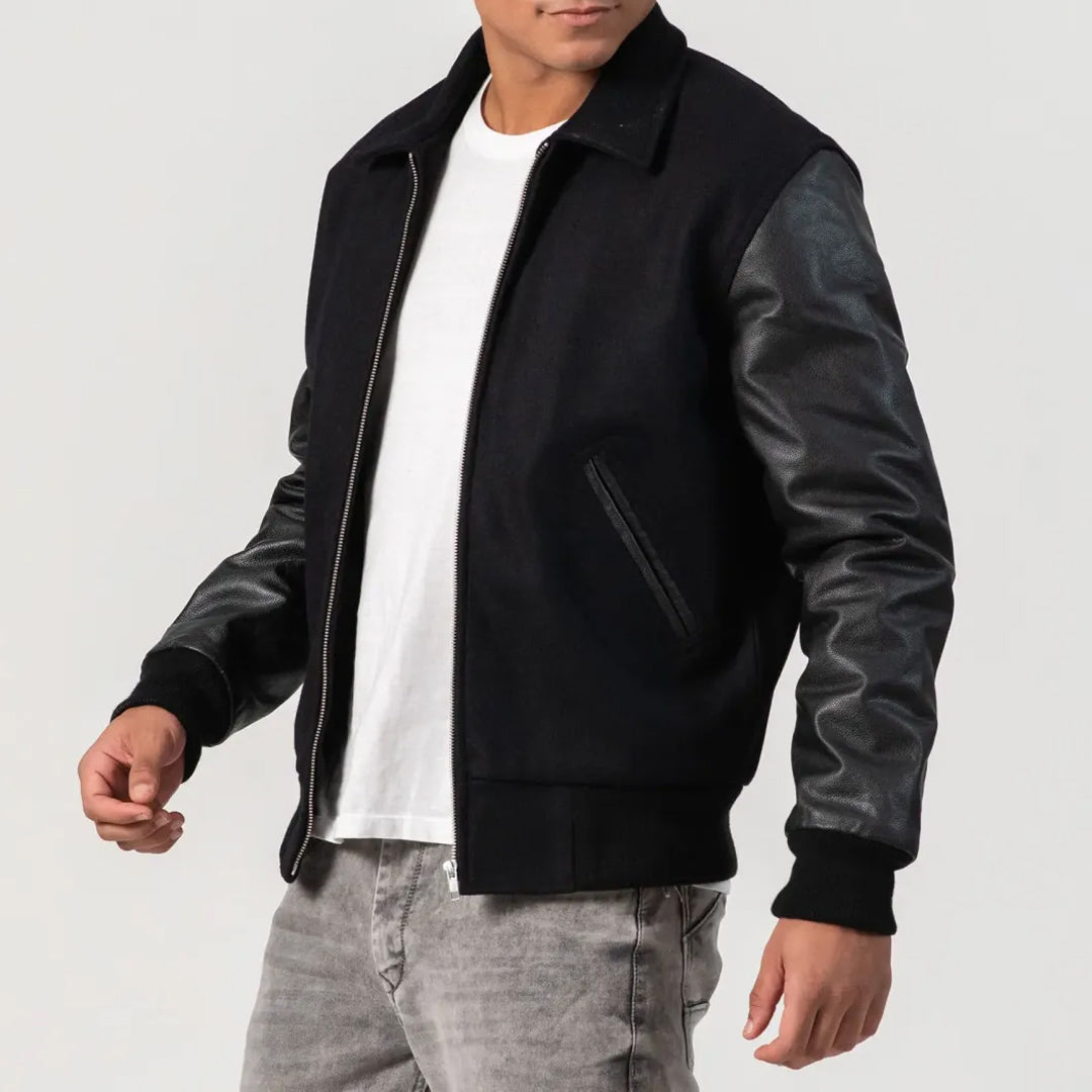 Black Body & Cowhide Leather Sleeves Zipper and Byron Collar Jacket