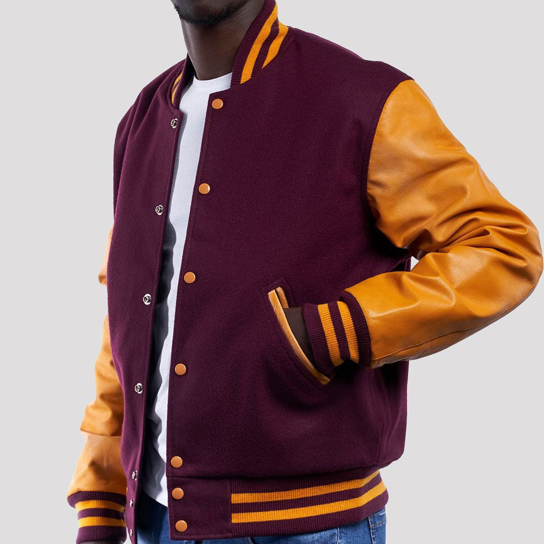 Maroon Wool Body & Bright Gold Leather Sleeves Varsity Jacket