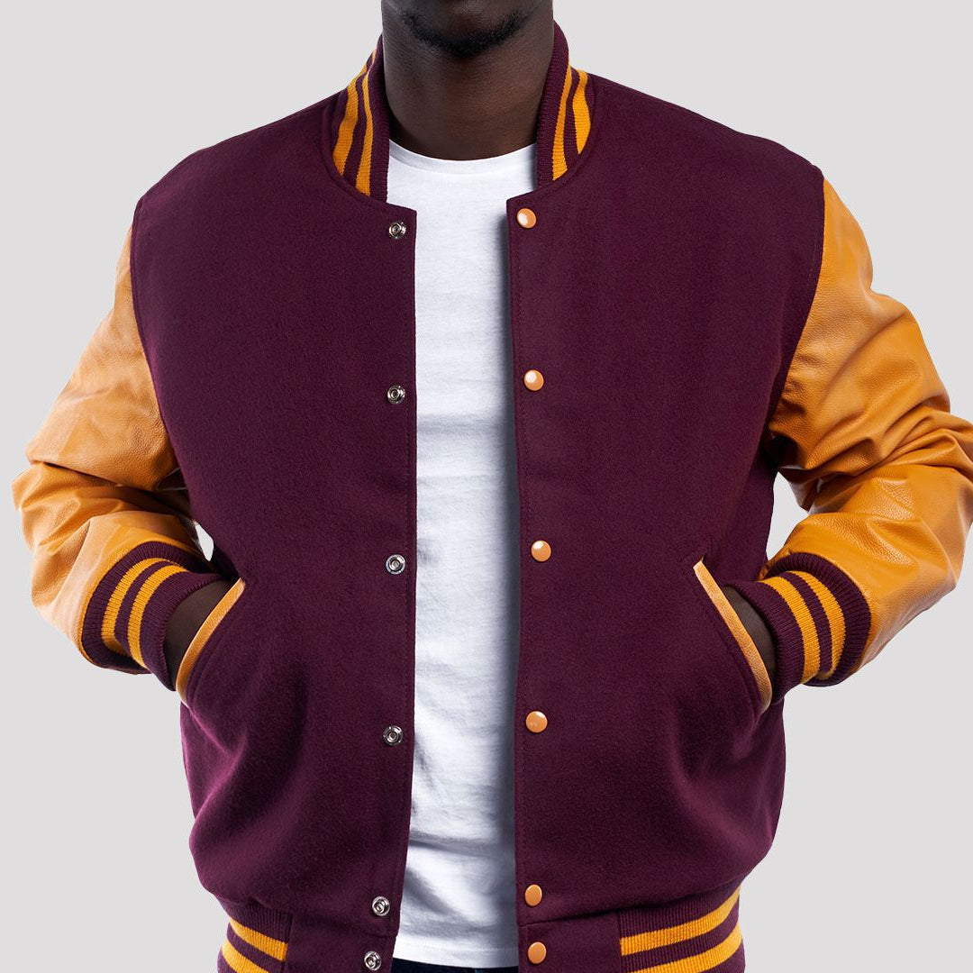 Maroon Wool Body & Bright Gold Leather Sleeves Varsity Jacket