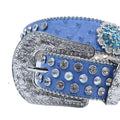 Engraved Buckle Flower Blue Strap with Multi and Crystal Studs Rhinestone Belt-Belts-The Rhinestone Belts