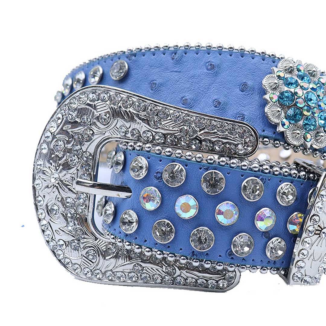 Engraved Buckle Flower Blue Strap with Multi and Crystal Studs Rhinestone Belt-Belts-The Rhinestone Belts