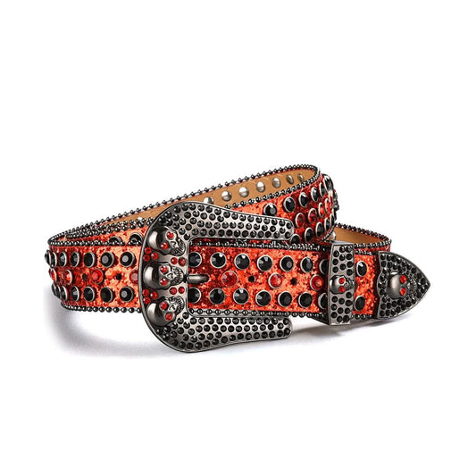 Skull Buckle Shiny Orange Strap with Orange and Black Studs Rhinestone Belt-Belts-The Rhinestone Belts