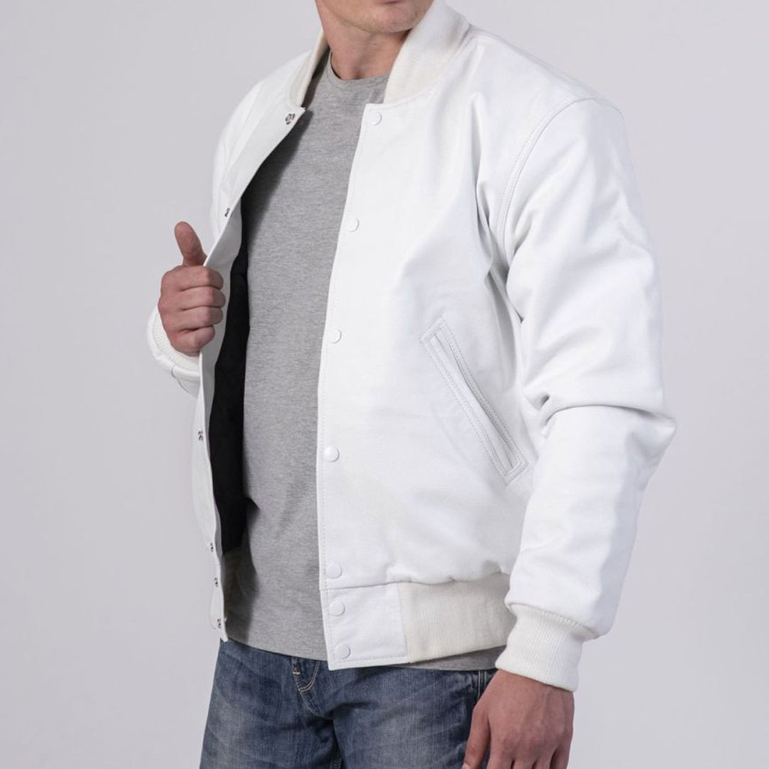 All White Leather Varsity Jacket