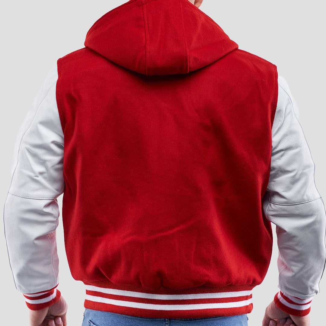 Scarlet Wool Body & Bright White Sleeves Hoodie Varsity Jacket