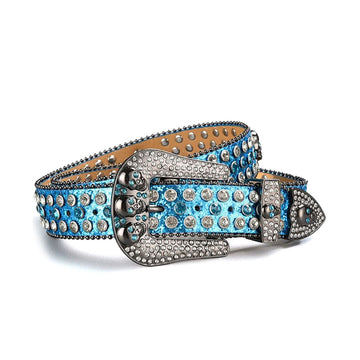 Skull Buckle Shiny Blue Strap with Blue and Crystal Studs Rhinestone Belt-Belts-The Rhinestone Belts