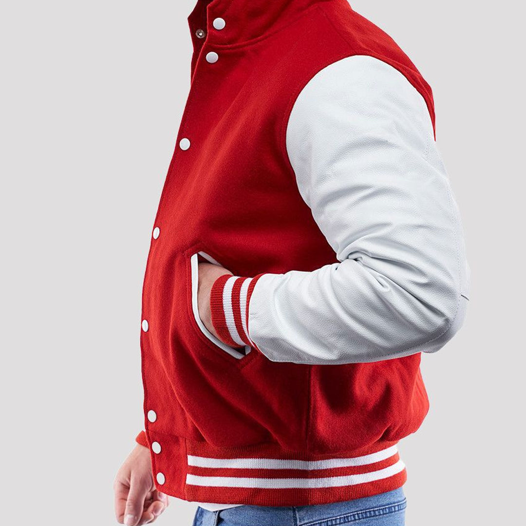 Scarlet Wool Body & Bright White Sleeves Hoodie Varsity Jacket