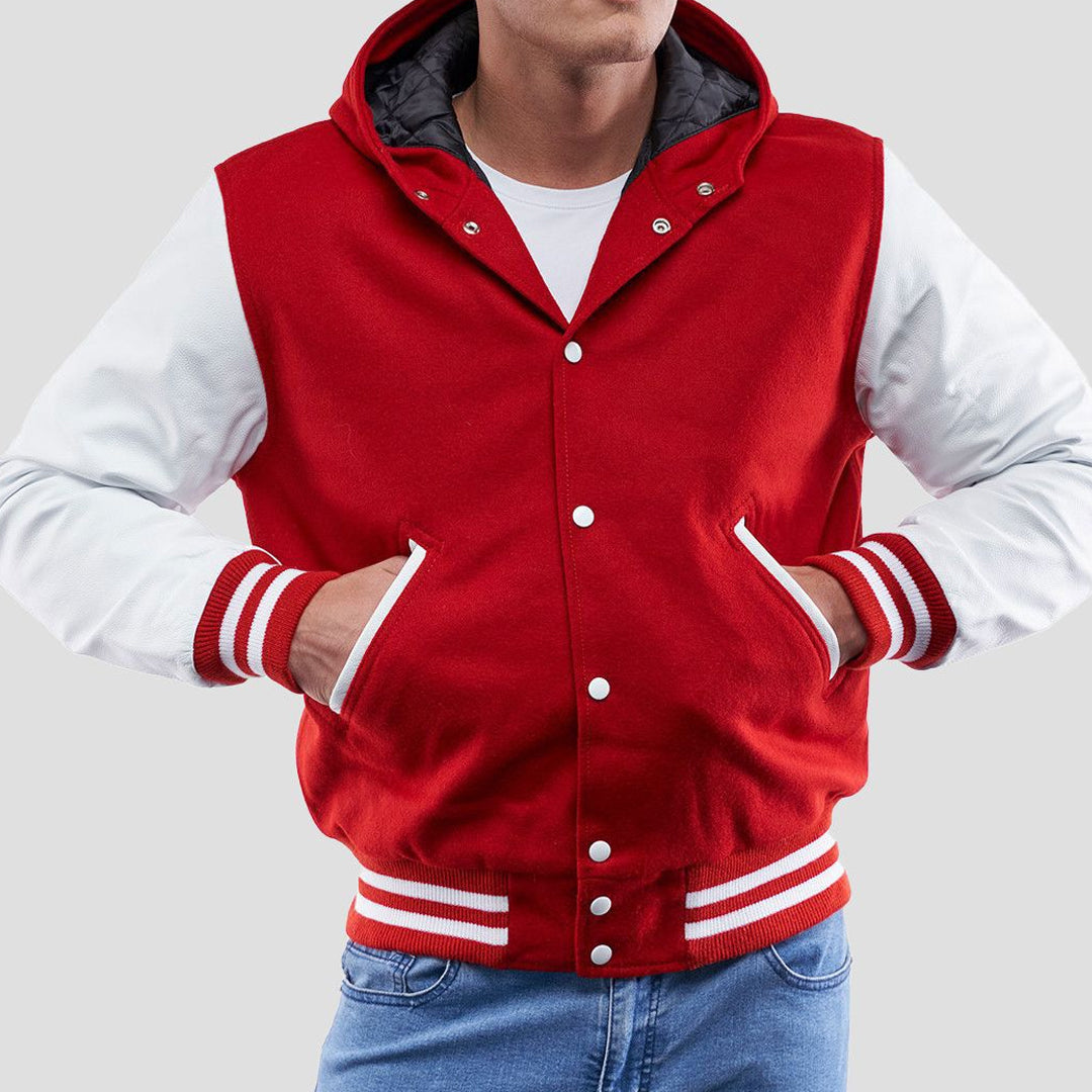 Scarlet Wool Body & Bright White Sleeves Hoodie Varsity Jacket