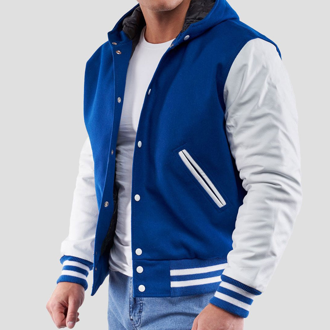 Bright Royal Wool Body & Bright White Sleeves Hoodie Varsity Jacket