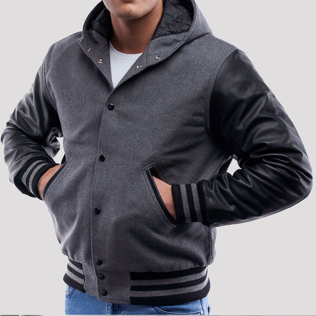 Light Oxford Wool Body & Black Sleeves Hoodie Varsity Jacket