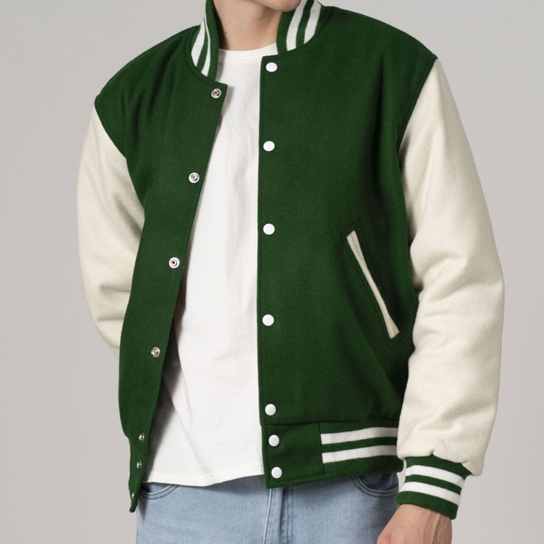 Kelly Green & White All-Wool Customizable Varsity Jacket