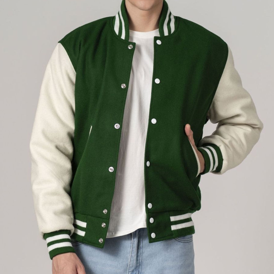 Kelly Green & White All-Wool Customizable Varsity Jacket