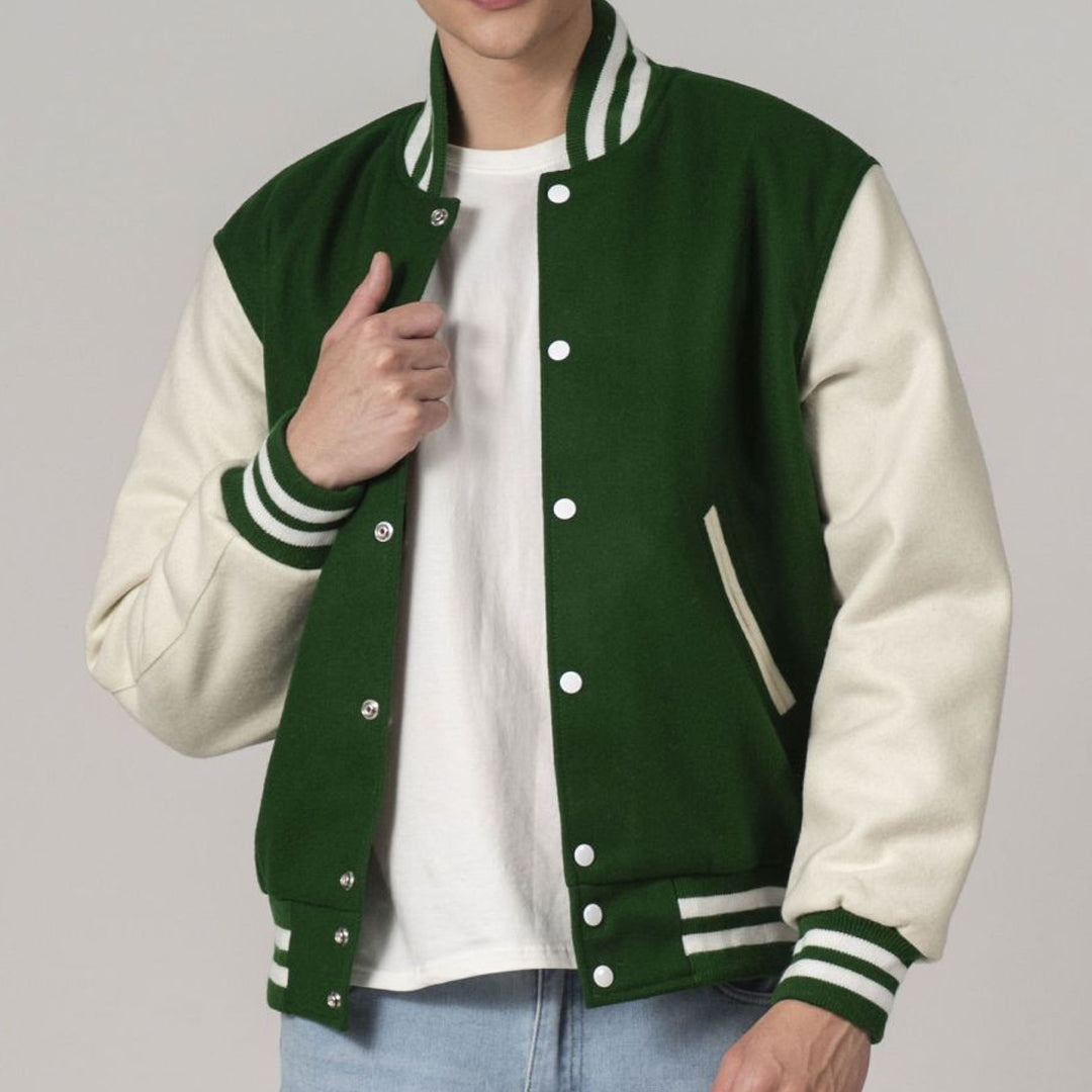 Kelly Green & White All-Wool Customizable Varsity Jacket