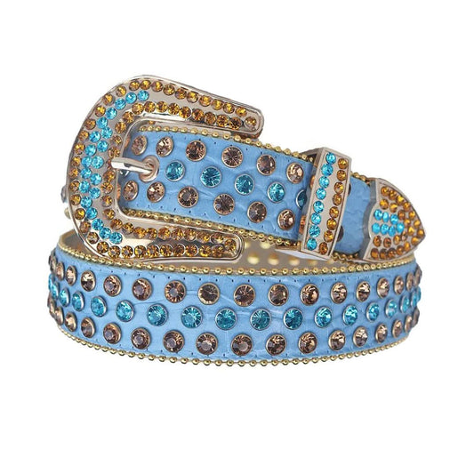 Blue and Gold Rhinestones with Blue Textured Strap Rhinestone Belt-Belts-The Rhinestone Belts
