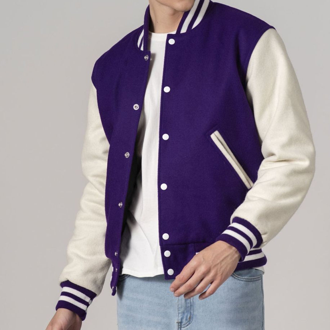 Purple & White All-Wool Customizable Varsity Jacket