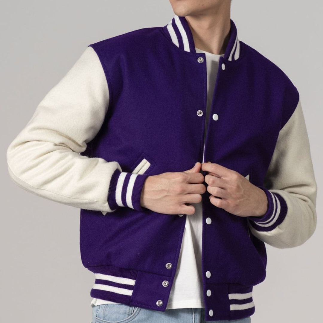 Purple & White All-Wool Customizable Varsity Jacket