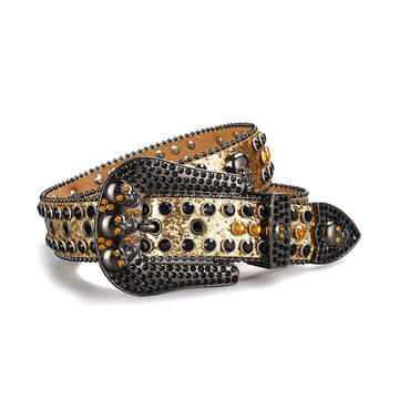 Skull Buckle Gold Strap with Gold and Black Studs Rhinestone Belt-Belts-The Rhinestone Belts