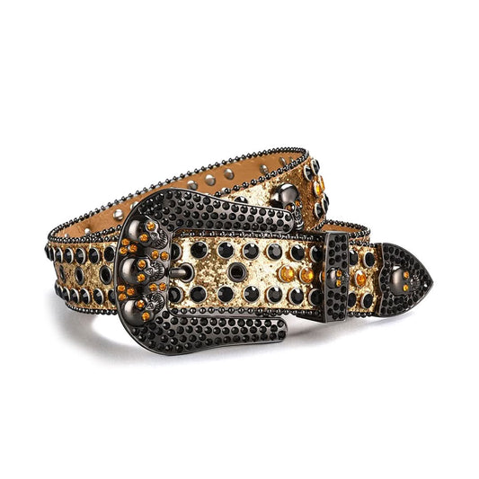 Skull Buckle Gold Strap with Gold and Black Studs Rhinestone Belt-Belts-The Rhinestone Belts