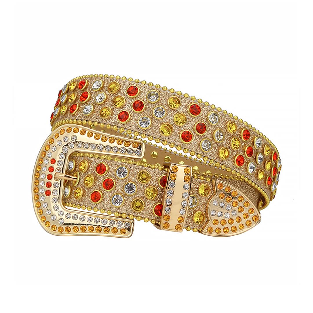 Multi Crystal Design with Gold Strap Rhinestone Belt-Belts-The Rhinestone Belts