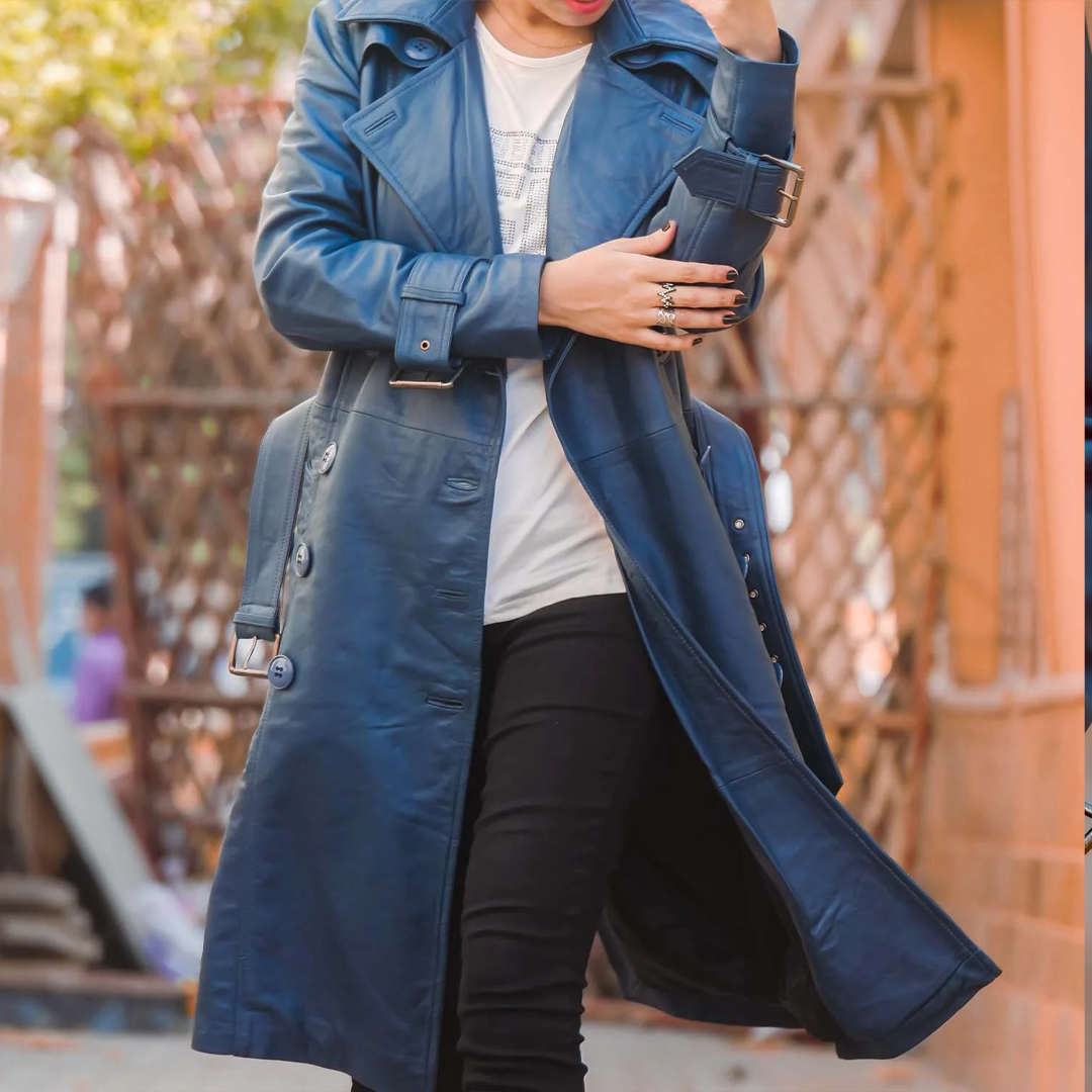 Women's Blue Double Breasted Leather Trench Coat