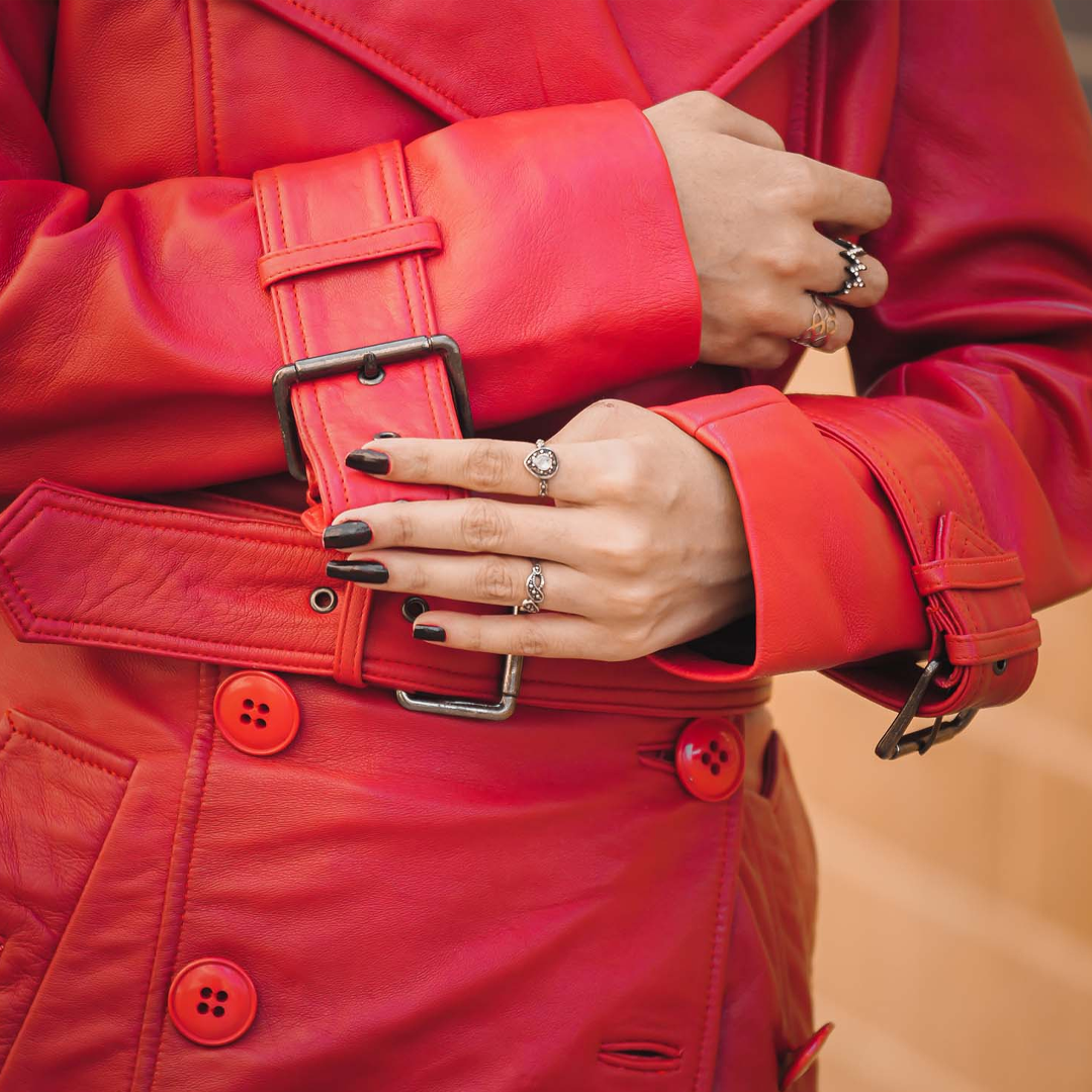 Women's Red Double Breasted Leather Trench Coat