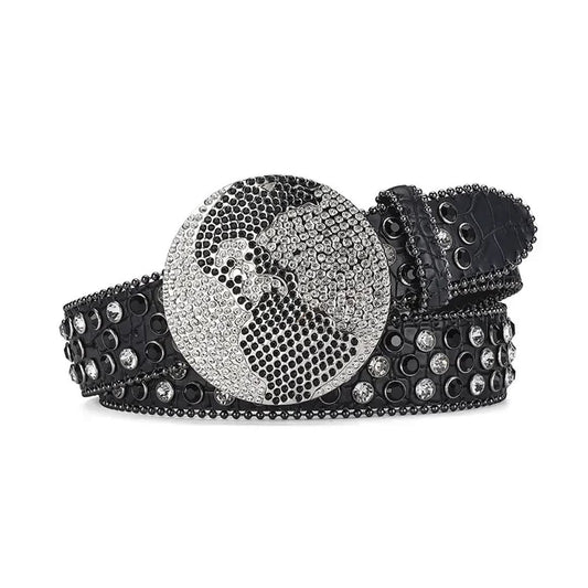 Globe Buckle with Black and Crystal Studs Rhinestone Belt-Belts-The Rhinestone Belts