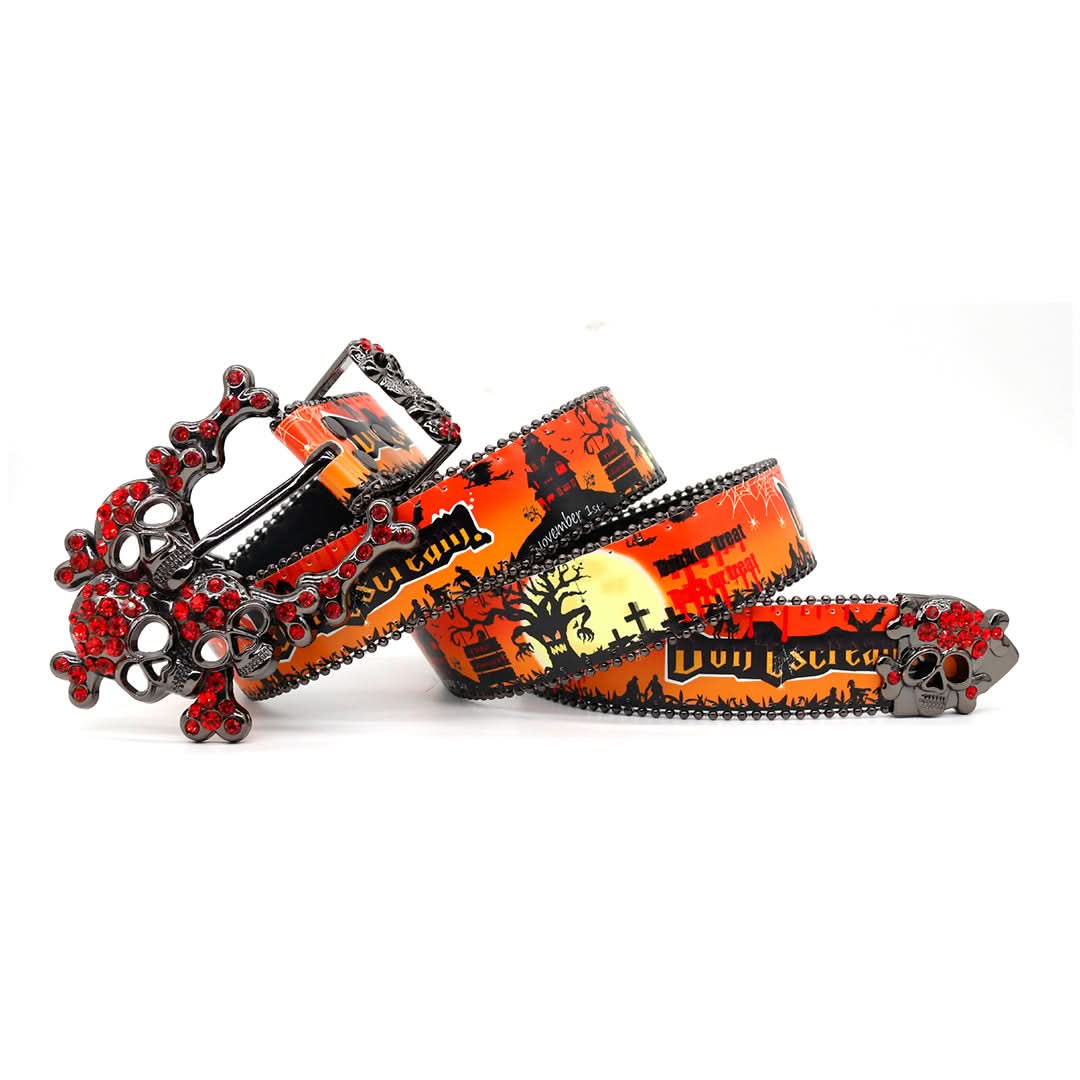 Halloween Skull Buckle with Red Studded Strap Rhinestone Belt-Belts-The Rhinestone Belts