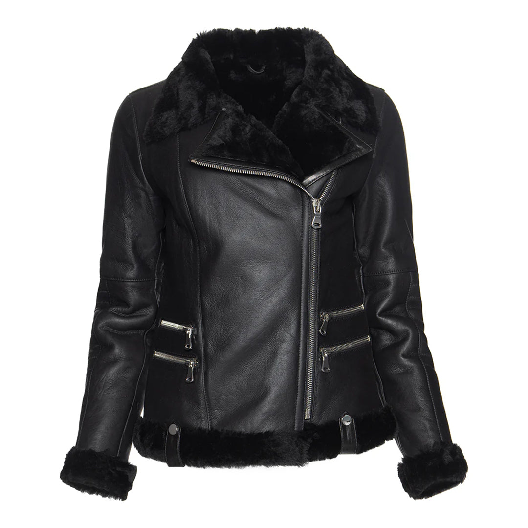 Women’s Spanish Merino Shearling Black Leather Jacket