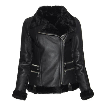 Women's Spanish Merino Faux Shearling Black Leather Jacket-Women Shearling Jacket-Wayne Leather Jackets