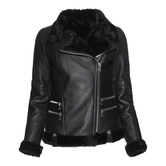Women's Spanish Merino Faux Shearling Black Leather Jacket-Women Shearling Jacket-Wayne Leather Jackets