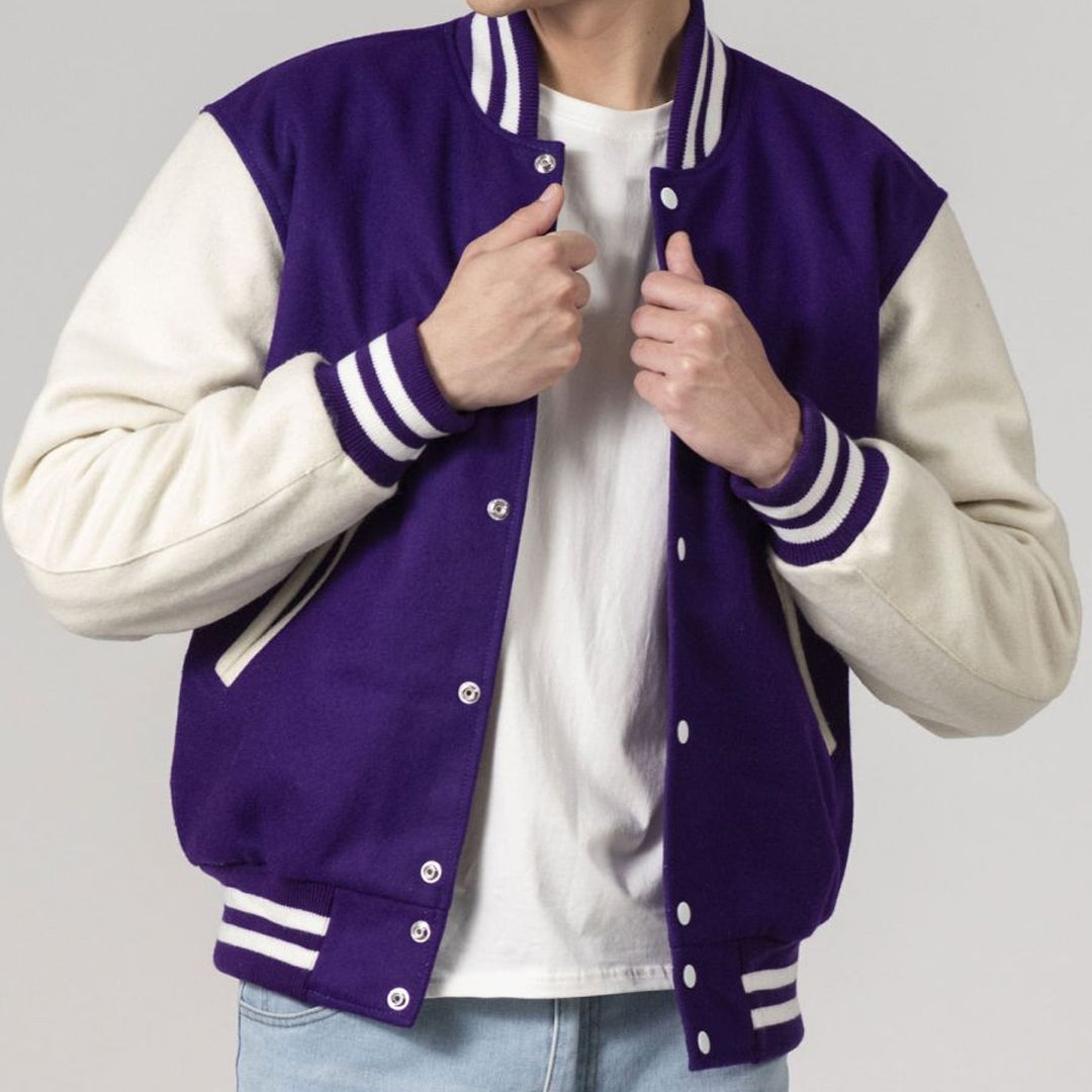 Purple & White All-Wool Customizable Varsity Jacket