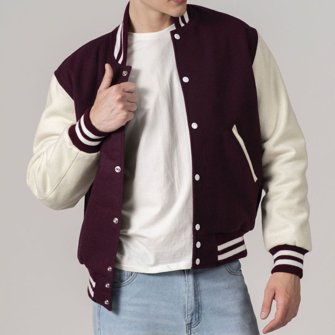 Maroon & White All-Wool Customizable Varsity Jacket