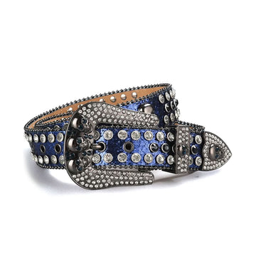 Skull Buckle Shiny Navy Strap with Navy and Crystal Studs Rhinestone Belt-Belts-The Rhinestone Belts