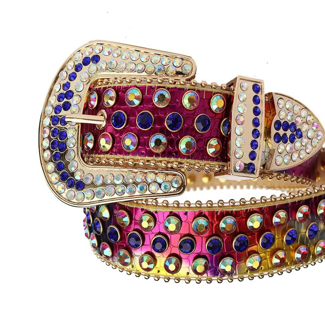 Blue and Chromatic Rhinestones with Red Chromatic Strap Rhinestone Belt-Belts-The Rhinestone Belts
