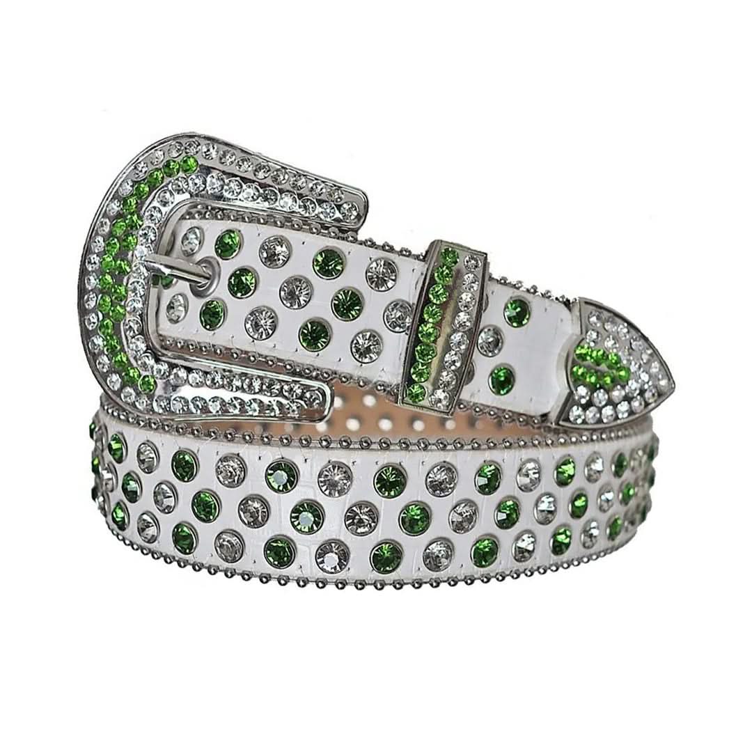 Green and Diamond Rhinestones with White Textured Strap Rhinestone Belt-Belts-The Rhinestone Belts