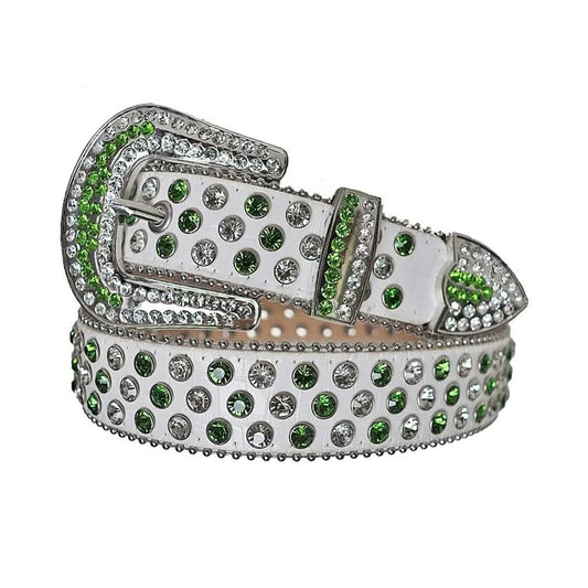 Green and Diamond Rhinestones with White Textured Strap Rhinestone Belt-Belts-The Rhinestone Belts