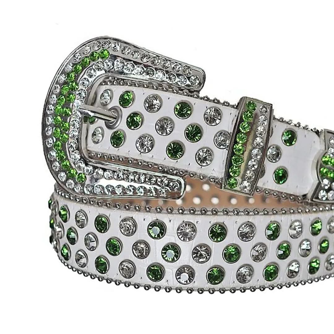 Green and Diamond Rhinestones with White Textured Strap Rhinestone Belt-Belts-The Rhinestone Belts