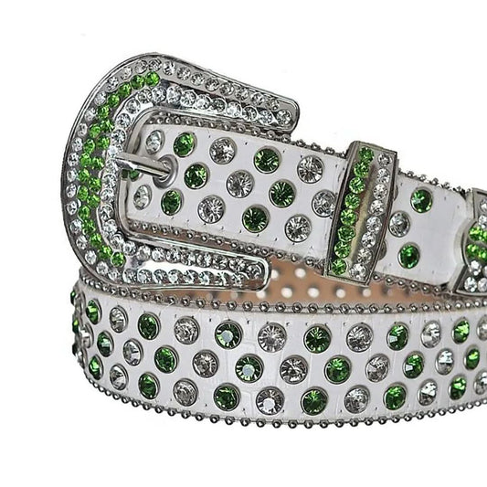 Green and Diamond Rhinestones with White Textured Strap Rhinestone Belt-Belts-The Rhinestone Belts