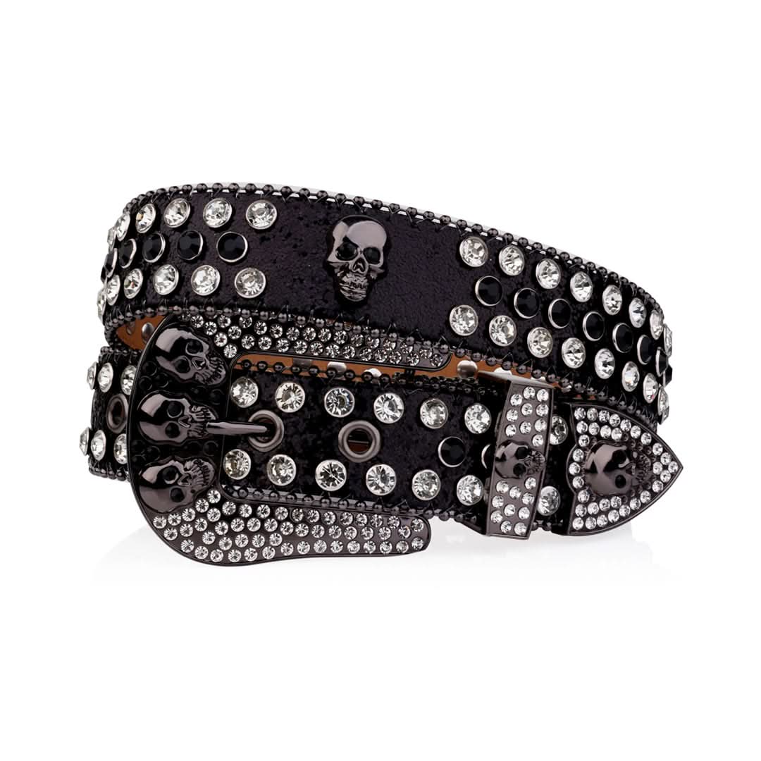 Skull Buckle Black Strap with Black and Crystal Studs Rhinestone Belt-Belts-The Rhinestone Belts