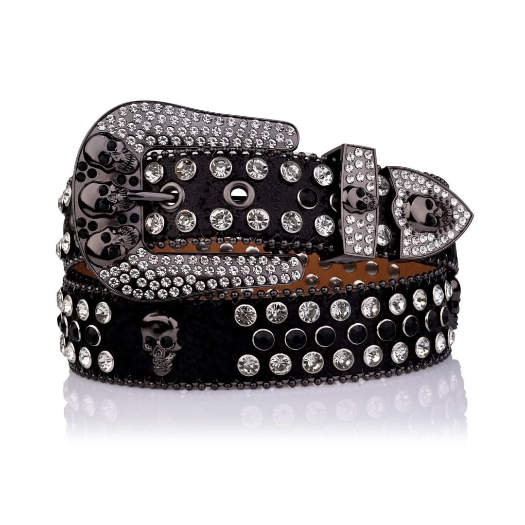 Skull Buckle Black Strap with Black and Crystal Studs Rhinestone Belt-Belts-The Rhinestone Belts